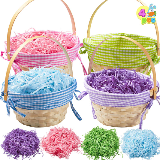 JOYIN 4 Stück Oster-Bambuskörbe, Geschenkkörbe mit Griffen und 4 Farben, Graspapierschnipsel für Ostereiersuche, Kinderpartyzubehör